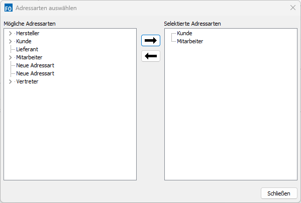 Maske "Adressarten auswählen" mit möglichen und selektierten Adressarten