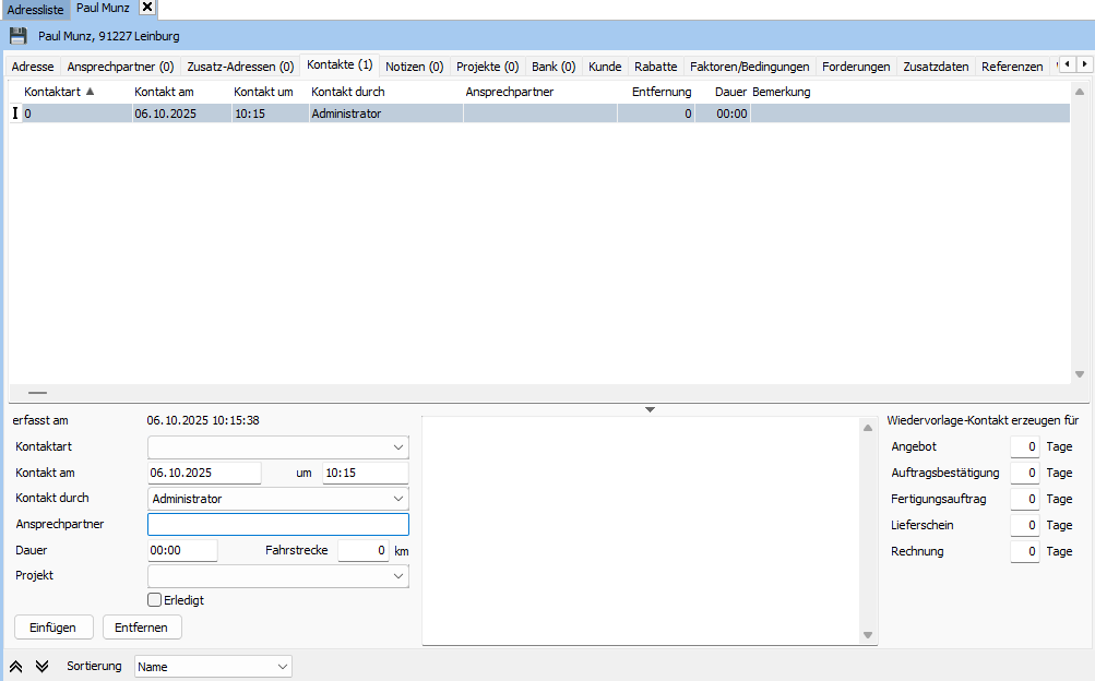 Register Kontakte in der Adresse