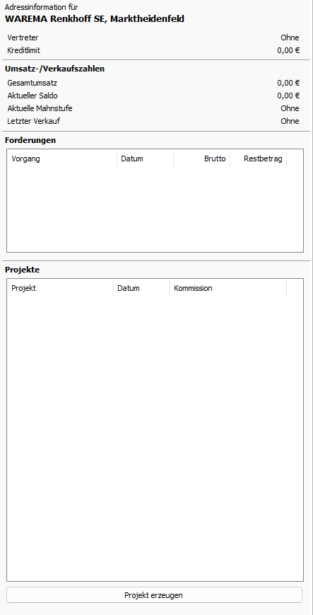 Adressinformation mit Kalkulationsdaten