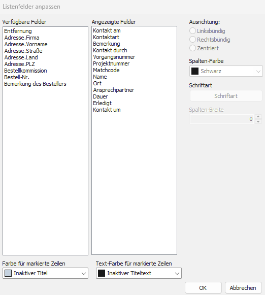 Listenfelder anpassen