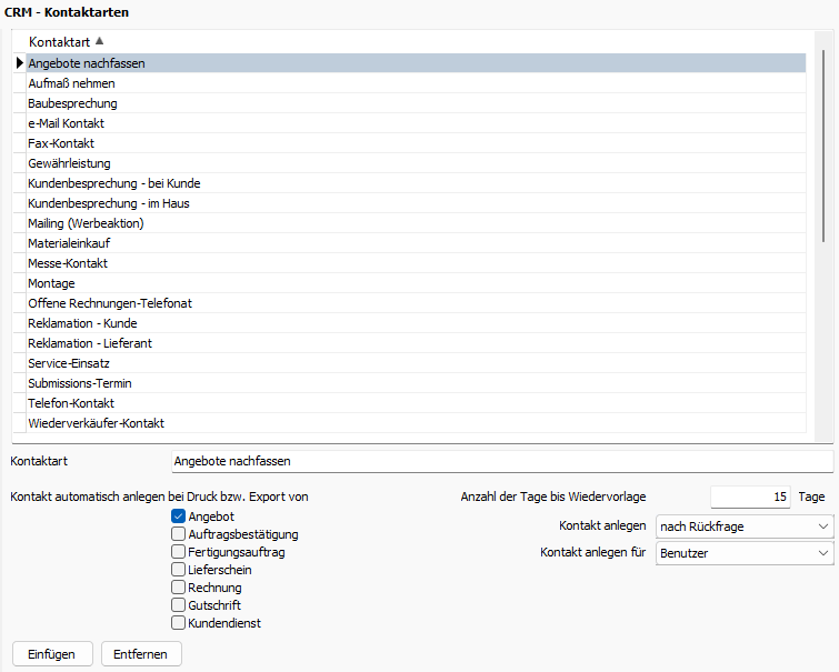 Liste mit Kontaktarten