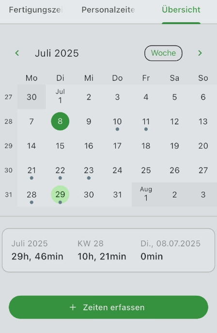 Kalenderübersicht mit kummulierten Zeiten